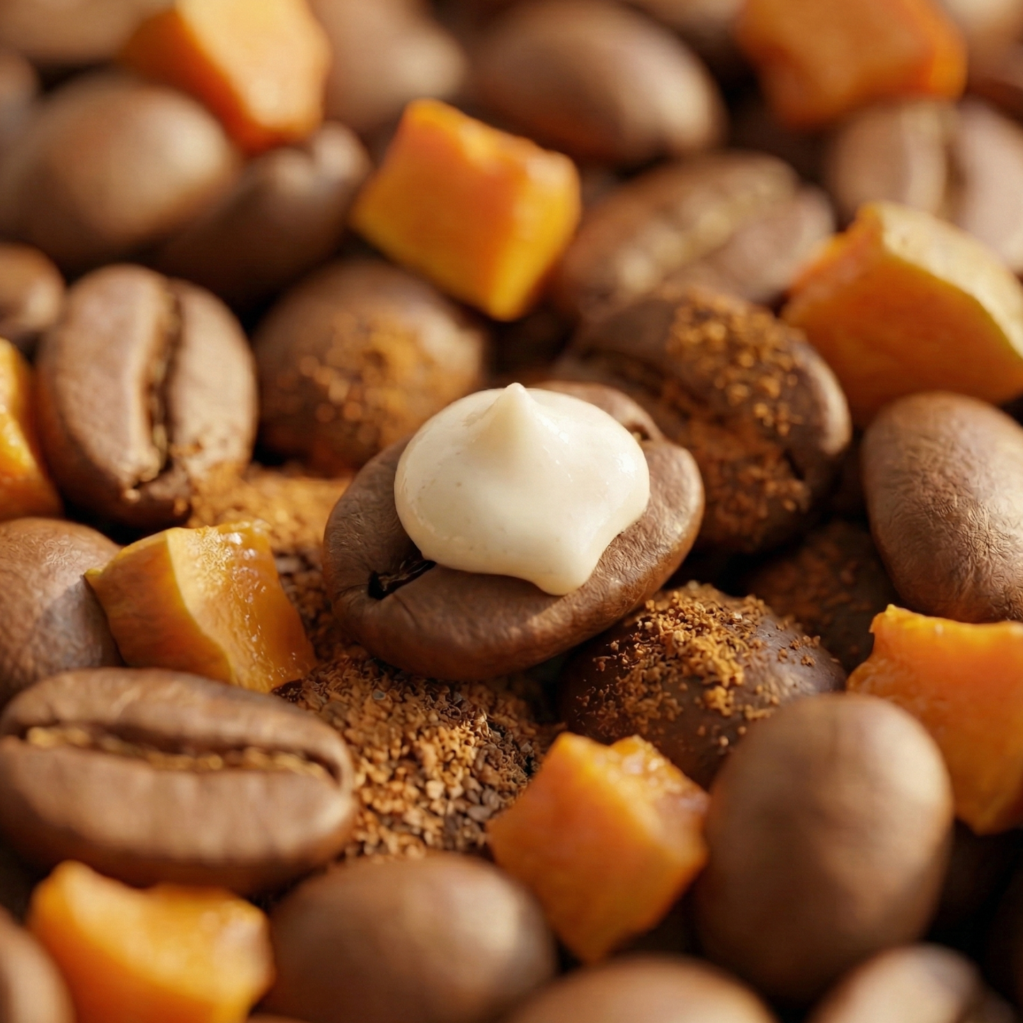 Extreme macro shot of Frosted Pumpkin Dream coffee beans with spice and frosting - blinks emporium