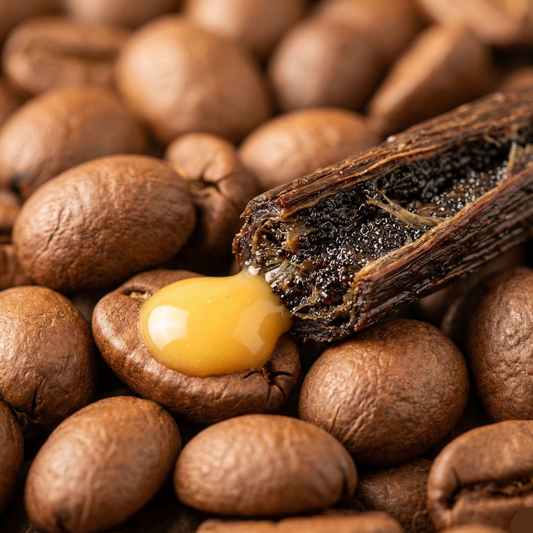 Extreme macro shot of Golden Vanilla Silk coffee beans with a vanilla bean pod - blinks emporium