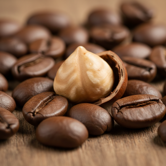 Extreme macro shot of Hazelnut Symphony coffee beans and a hazelnut - blinks emporium