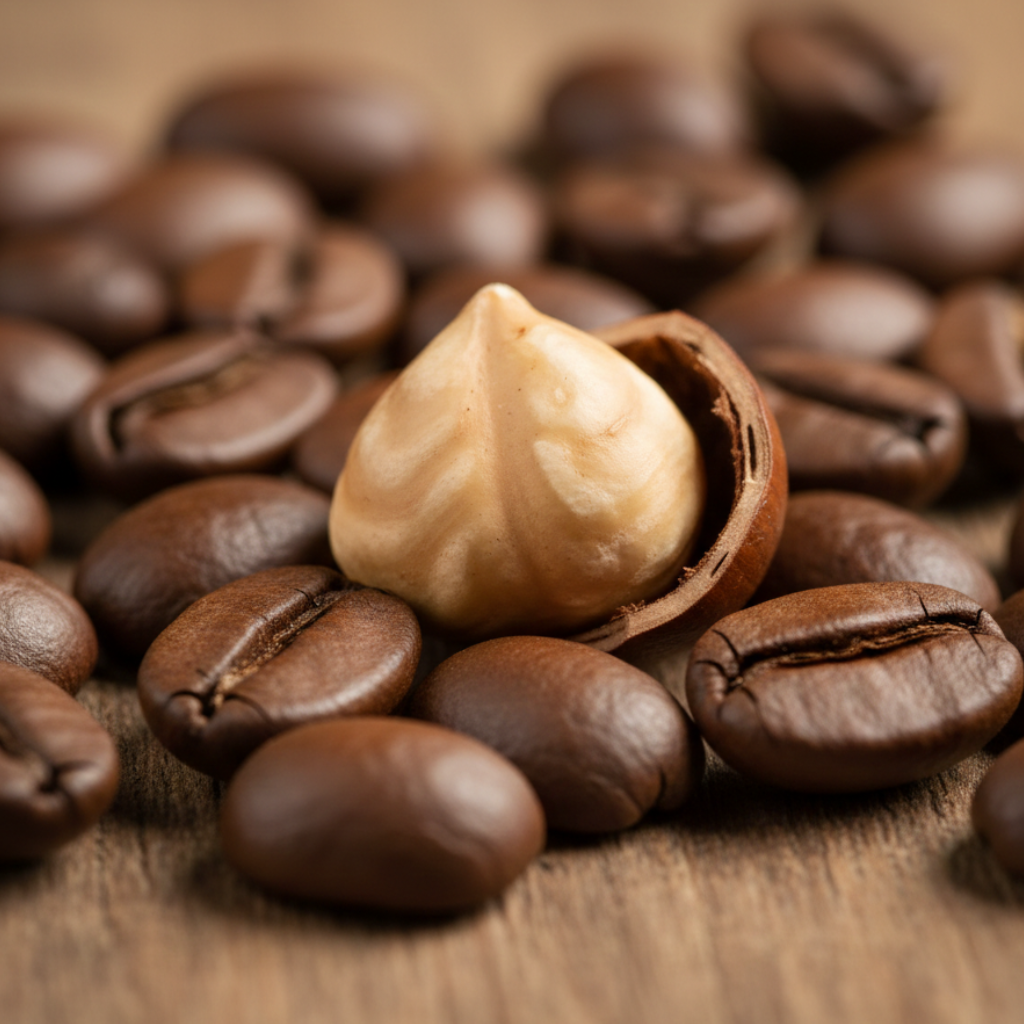 Extreme macro shot of Hazelnut Symphony coffee beans and a hazelnut - blinks emporium