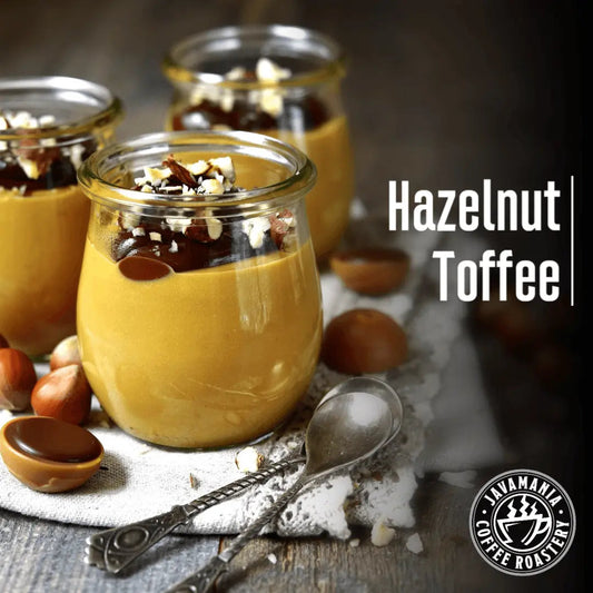 Jars of hazelnut toffee dessert with coffee roaster branding.