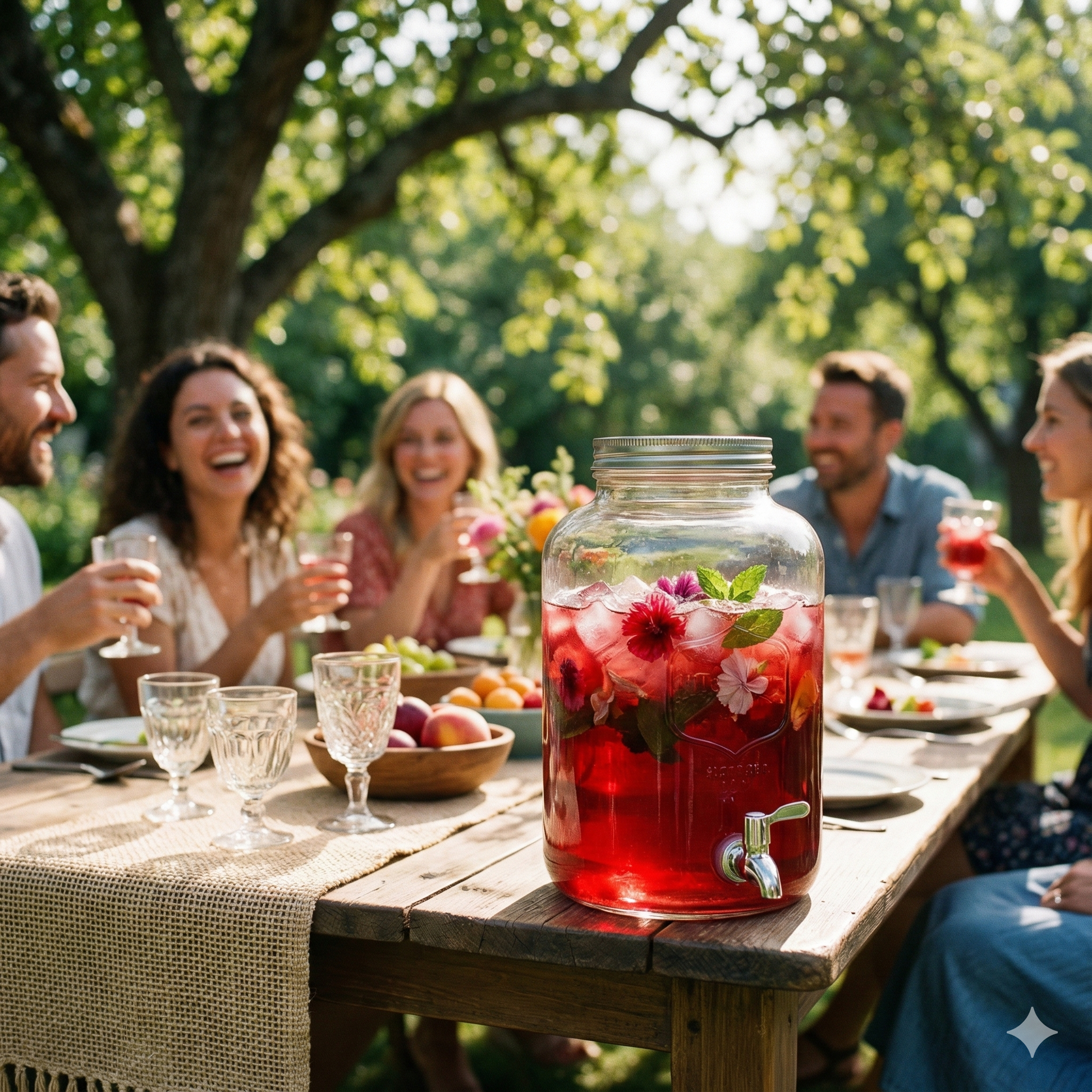 Group of people enjoying a picnic with a large glass jar of hibiscus iced tea on a wooden table - blinks emporium
