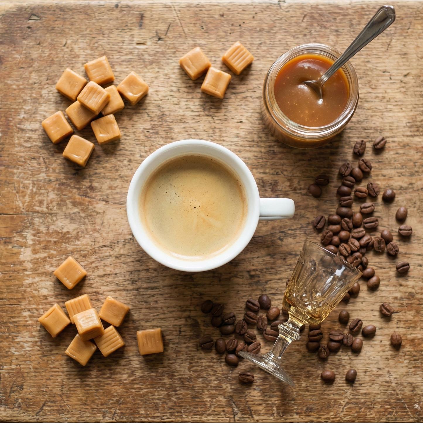 Highlander Grogg Coffee overhead flat lay with butterscotch candies caramel and liqueur glass - Blinks Emporium