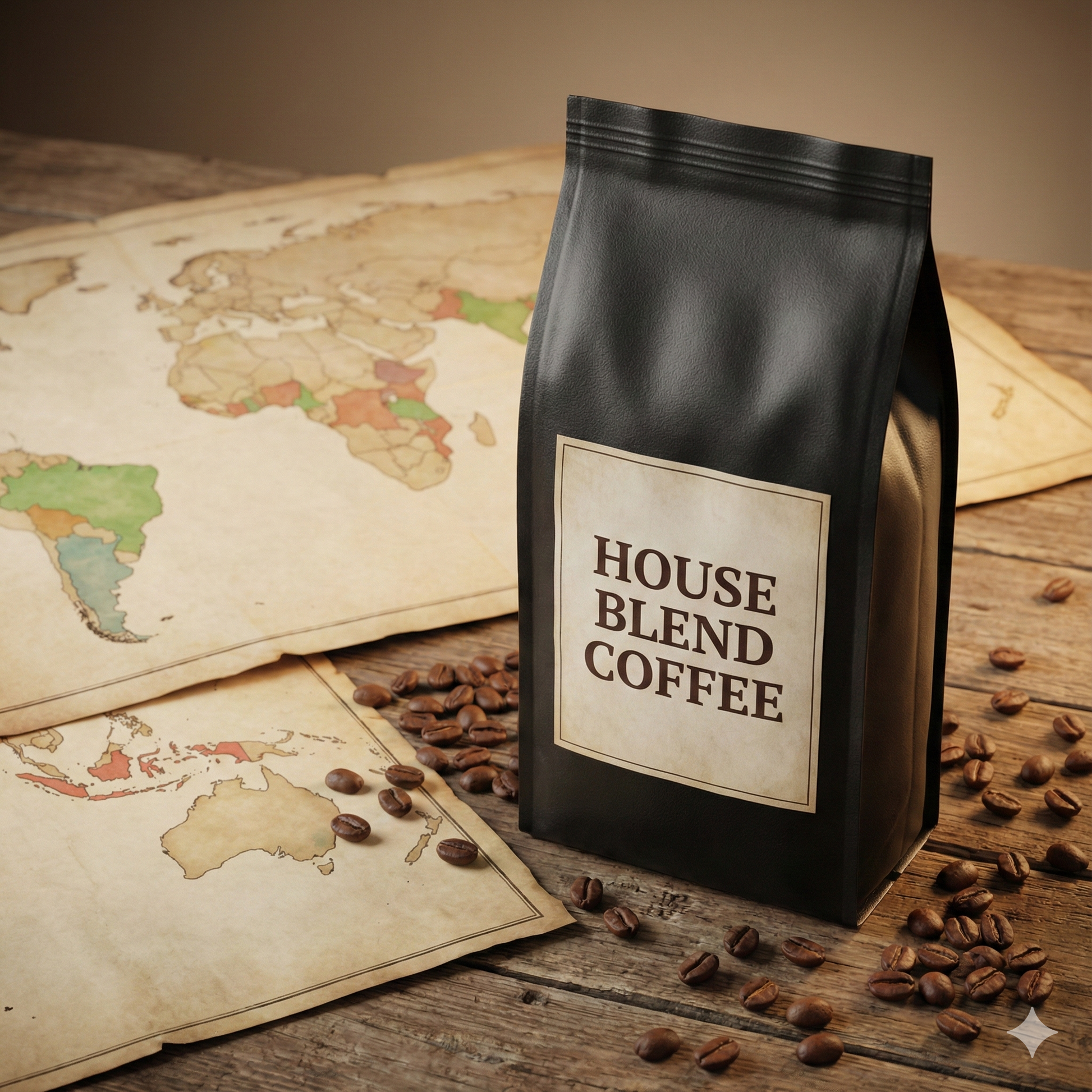 Black coffee bag labeled 'House Blend Coffee' on a wooden surface with scattered coffee beans and world maps in the background - blinks emporium