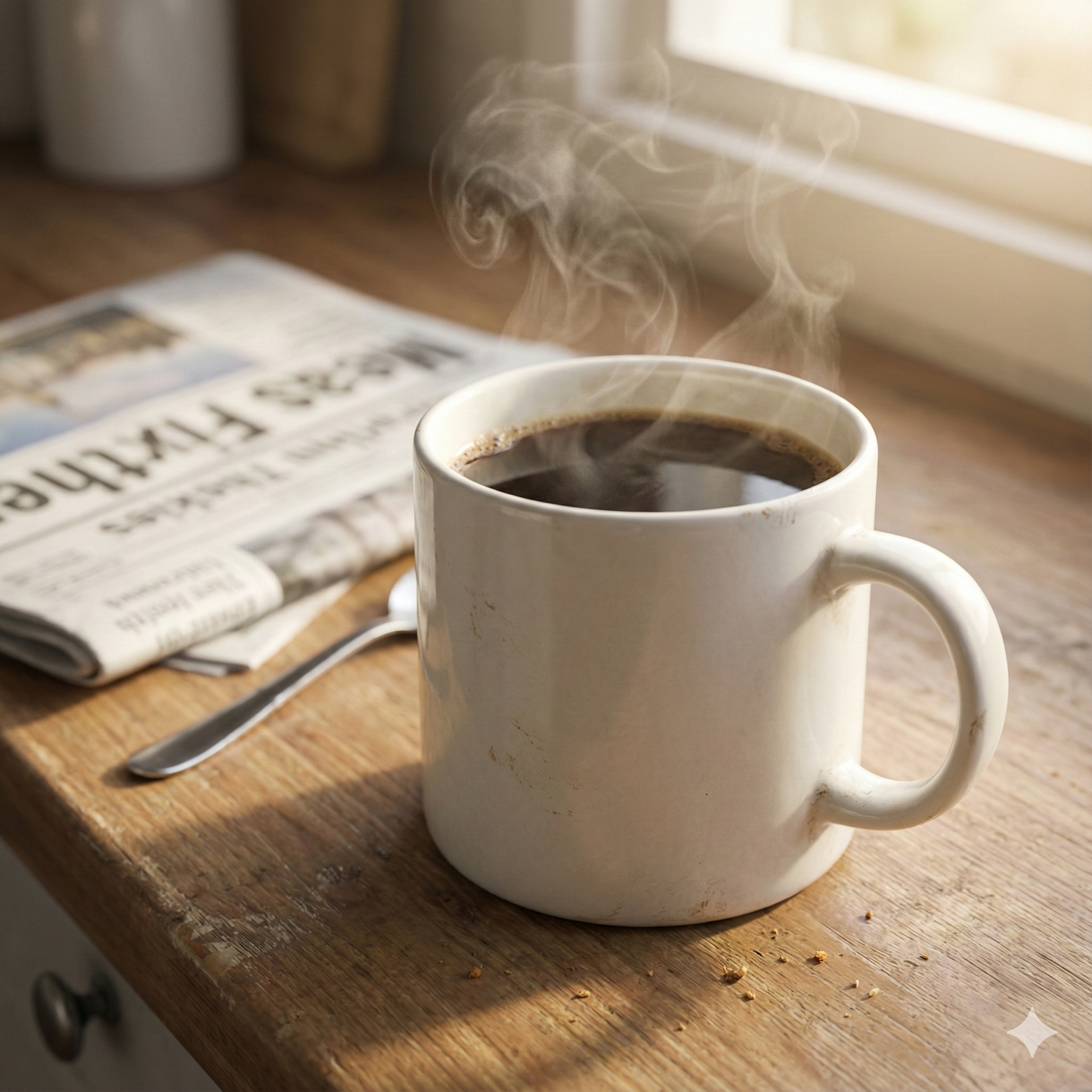 Steaming coffee mug on a wooden table with a newspaper and spoon - blinks emporium