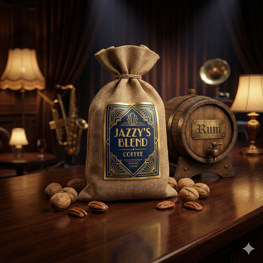 Burlap bag labeled 'Jazzy's Blend' coffee on a wooden table with a rum barrel in the background - blinks emporium