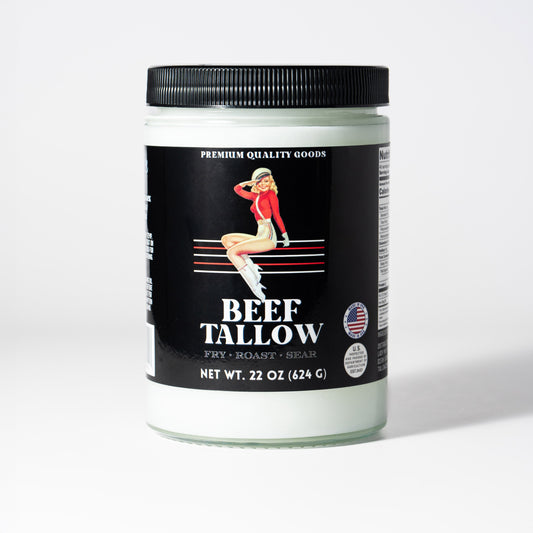 Jar of beef tallow with a black label featuring a vintage-style illustration on a white background.