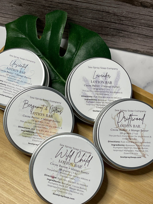Set of Sea Spray Soap Company lotion bars with labels on a wooden surface - blinks emporium