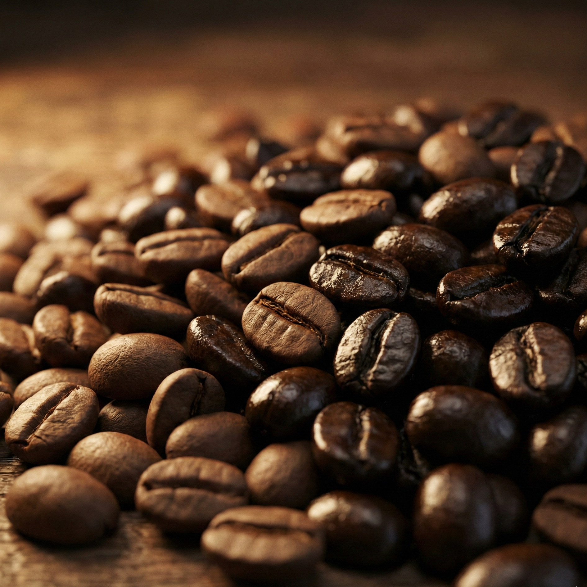 Close-up of roasted coffee beans on a wooden surface