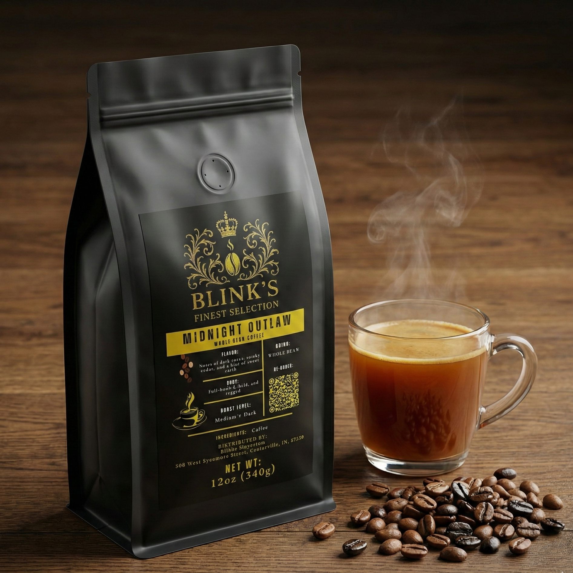 Blink's coffee package with a steaming cup of coffee on a wooden surface
