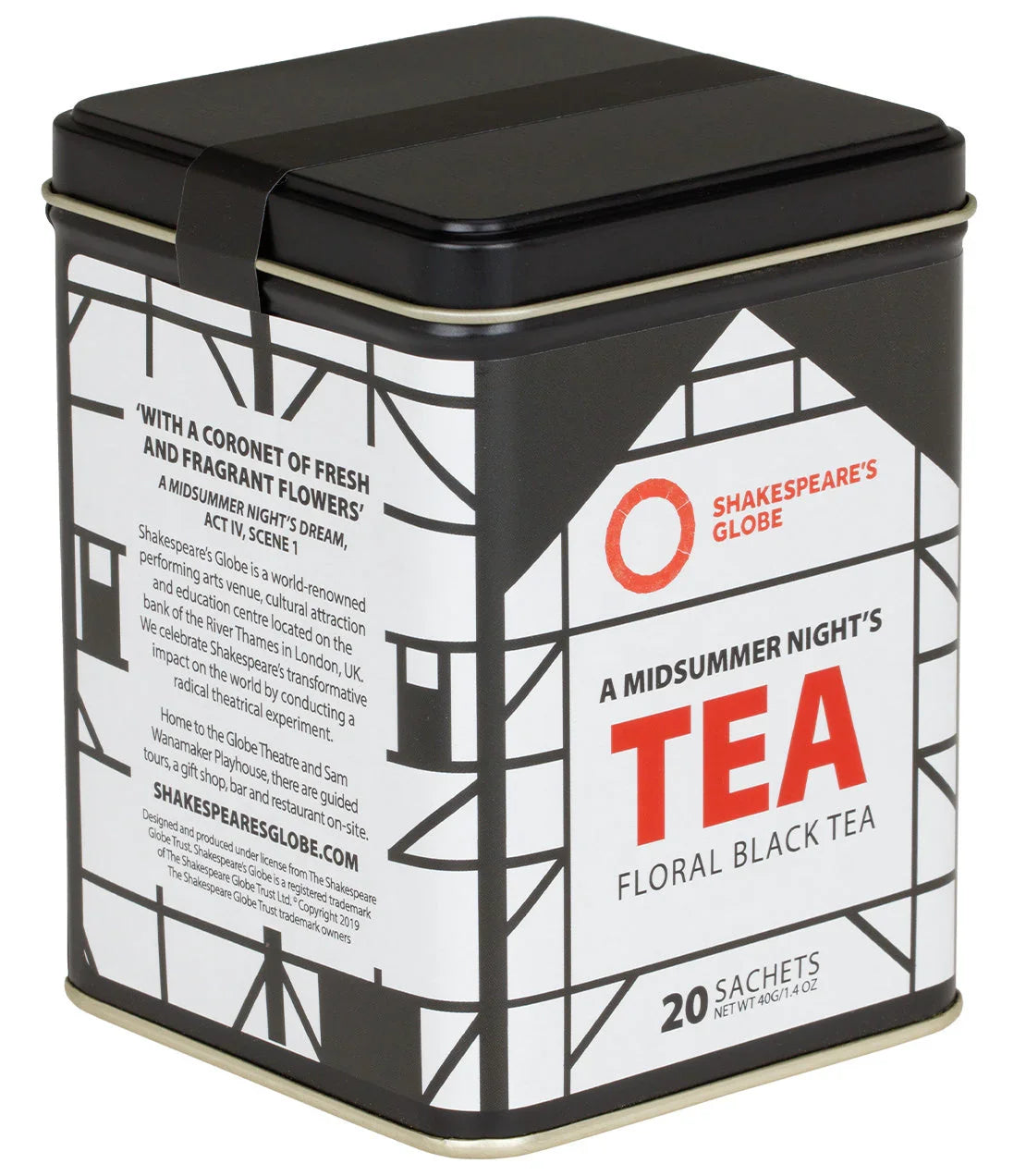 A Midsummer Night's Tea floral black tea tin container, Shakespeare's Globe branding, 20 sachets - blinks emporium