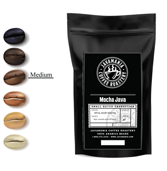 Black coffee bag labeled 'Mocha Java' with a row of coffee beans on a white background - blinks emporium