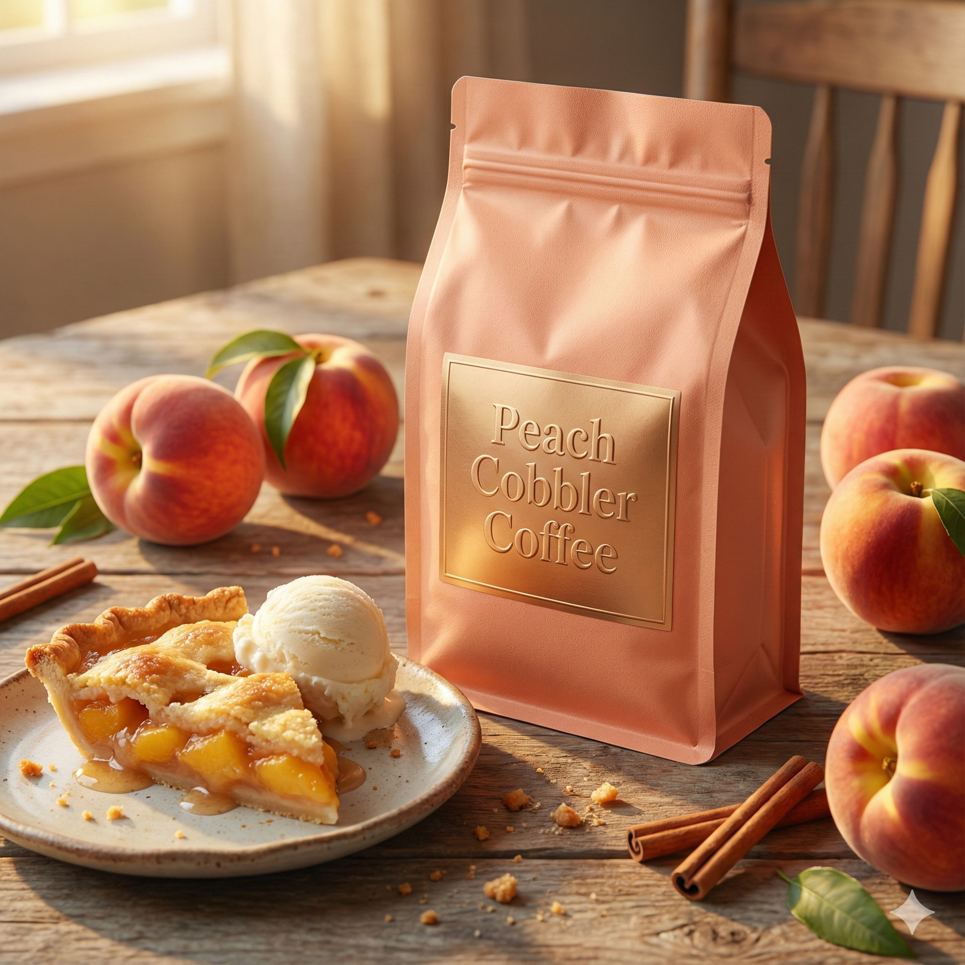 Peach cobbler coffee package with a slice of peach pie and ice cream on a wooden table - blinks emporium