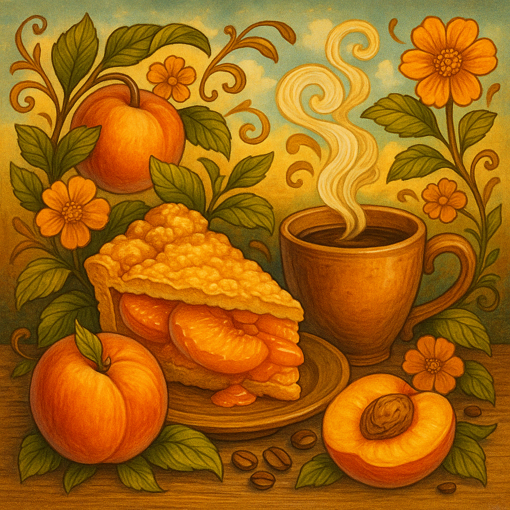 Illustration of a slice of pumpkin pie with a steaming cup of coffee, surrounded by pumpkins and flowers - blinks emporium