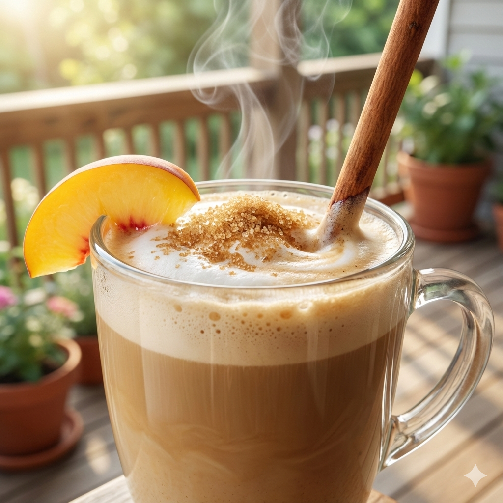 A glass coffee mug filled with a creamy latte garnished with a peach slice and cinnamon stick - blinks emporium
