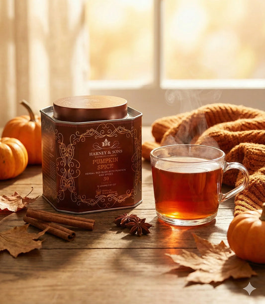 Harney & Sons Pumpkin Spice tea Tin at Blinks Emporium with a mug of steaming tea on a wooden surface with pumpkins and cinnamon sticks.