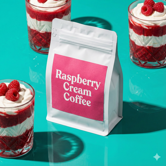 Bag of raspberry cream coffee with three glasses of raspberry dessert on a teal background - blinks emporium