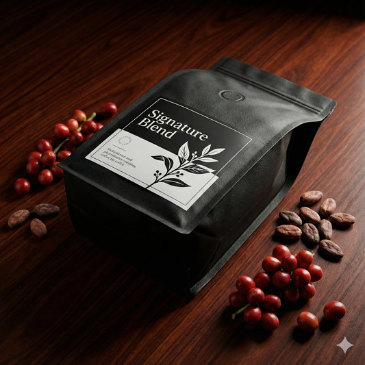 Black coffee bag labeled 'Signature Blend' on a wooden surface with coffee beans and chocolate - blinks emporium