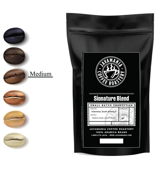 Black coffee bag with 'Javamania Coffee Roastery' branding and coffee bean color chart on a white background - blinks emporium