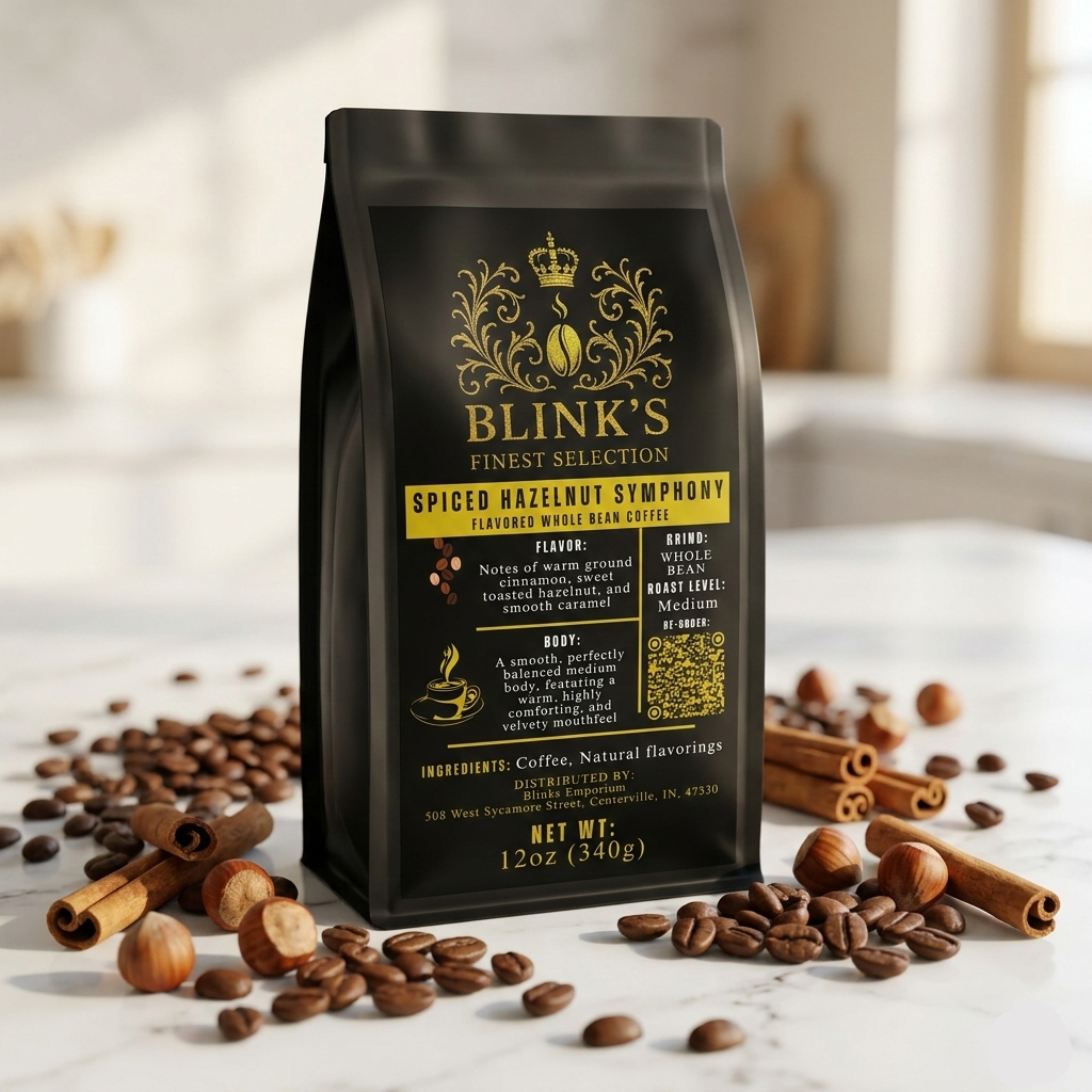 Spiced Hazelnut Symphony coffee bag with cinnamon sticks and hazelnuts - blinks emporium