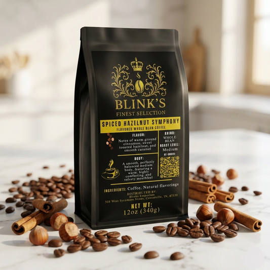 Spiced Hazelnut Symphony coffee bag with cinnamon sticks and hazelnuts - blinks emporium