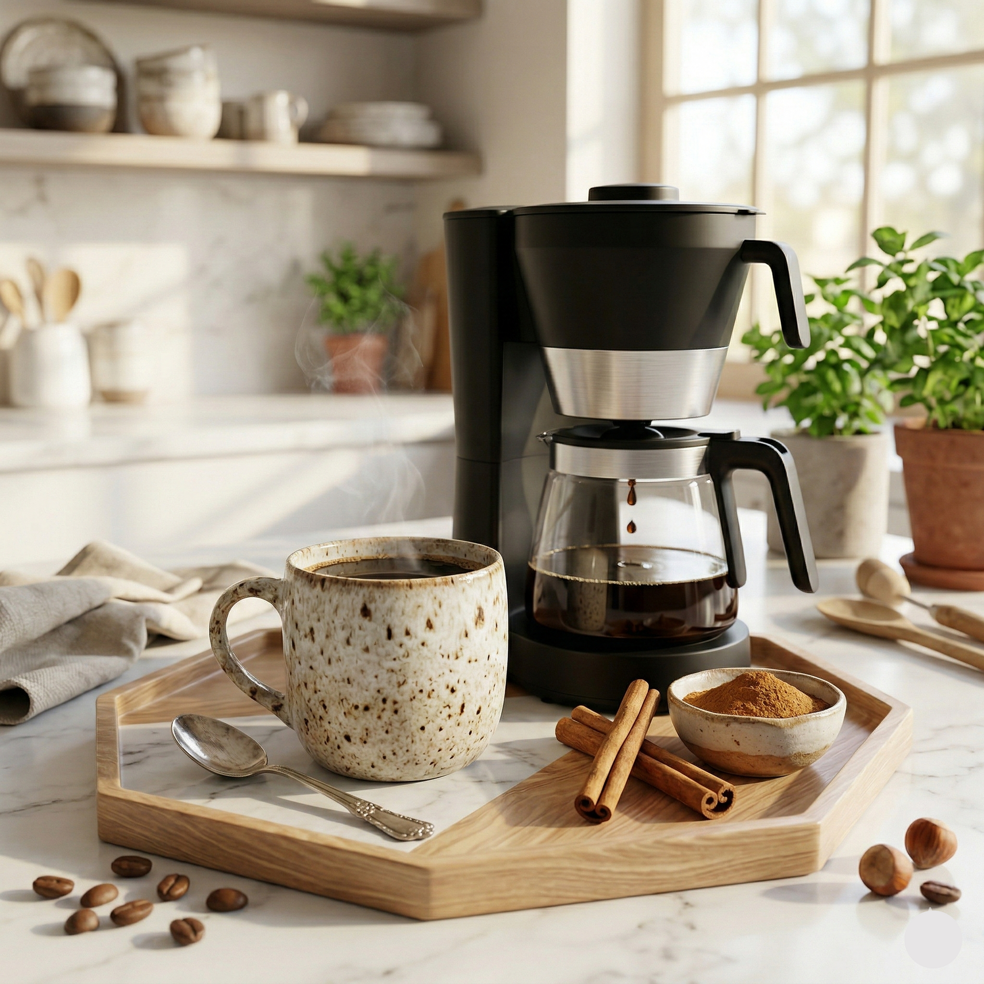 Brewing Spiced Hazelnut Symphony coffee next to a cinnamon roll - blinks emporium