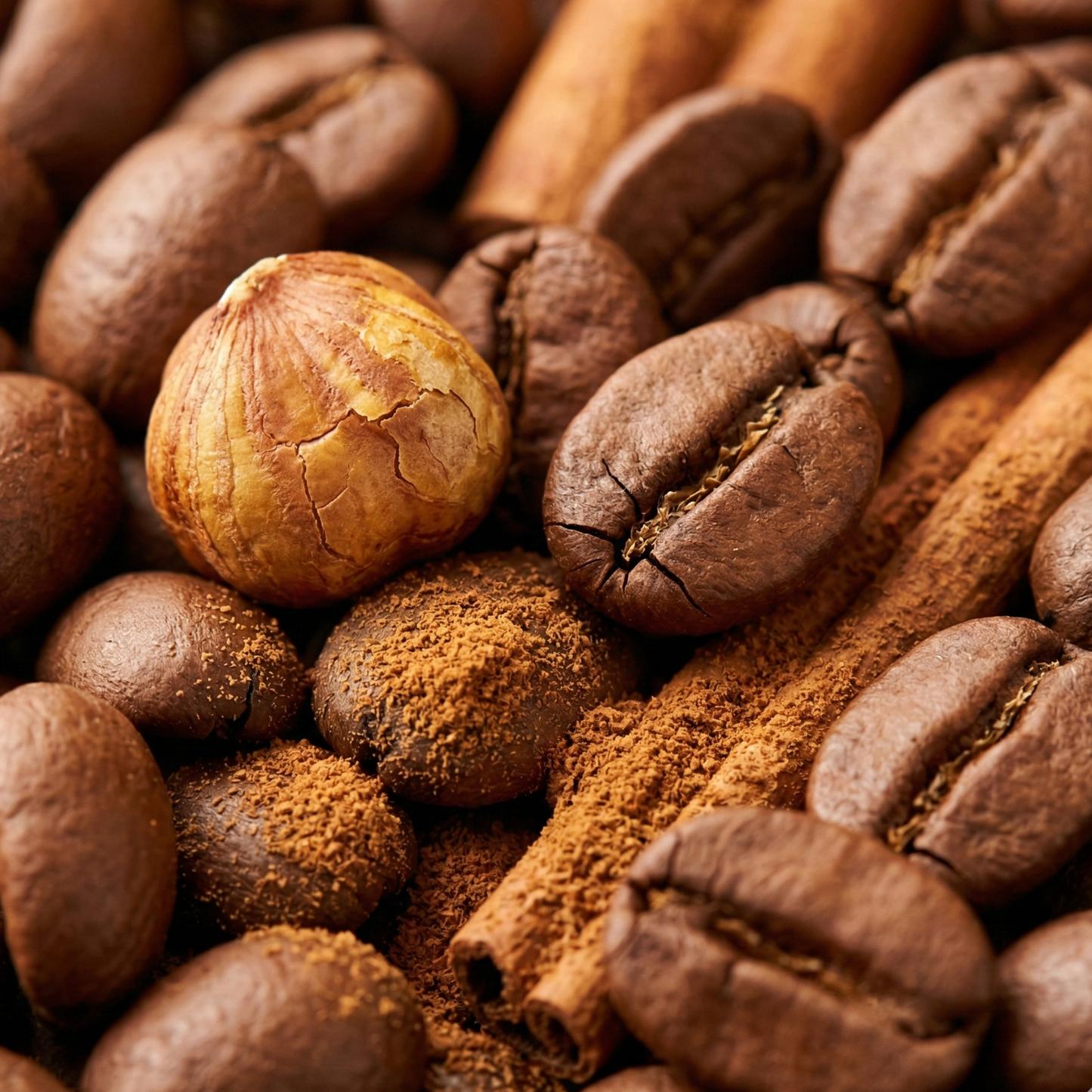 Extreme macro shot of Spiced Hazelnut Symphony coffee beans with cinnamon powder - blinks emporium