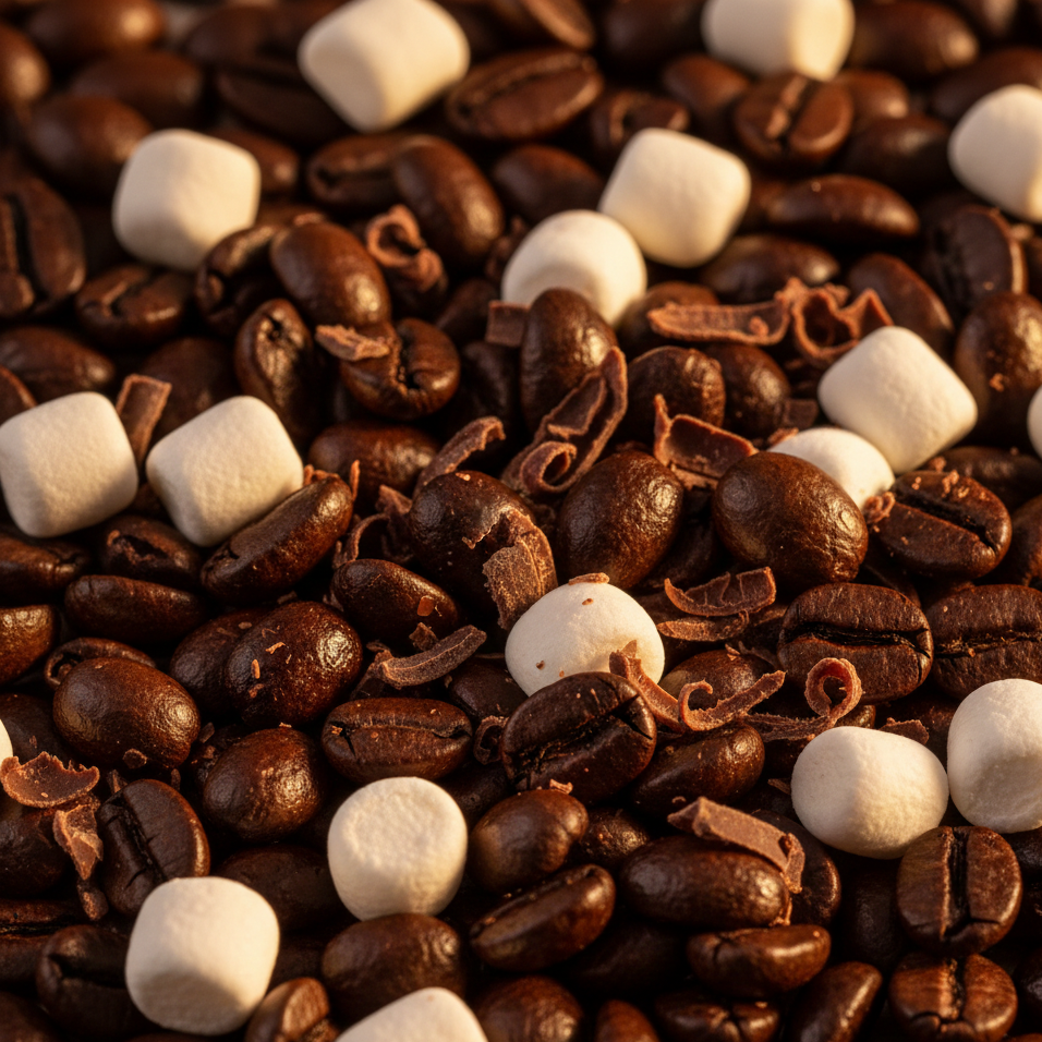 Close-up of coffee beans and marshmallows