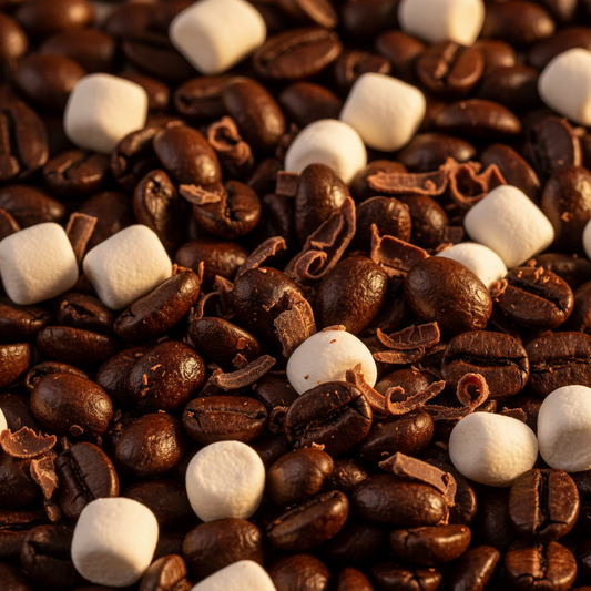 Close-up of coffee beans and marshmallows