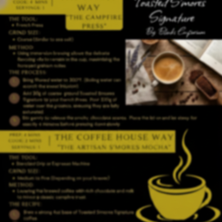 Menu or guide with coffee-themed instructions and a cup of coffee image.