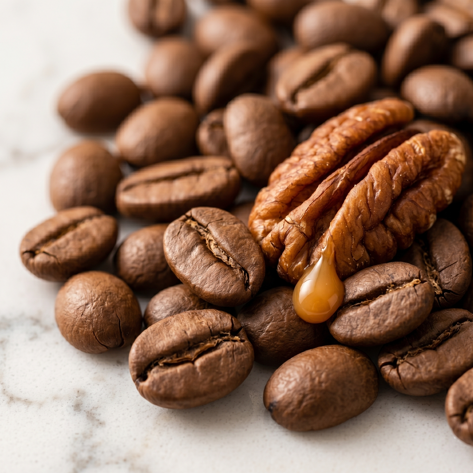 Extreme macro shot of Toasted Turtle Truffle coffee beans with a roasted pecan - blinks emporium