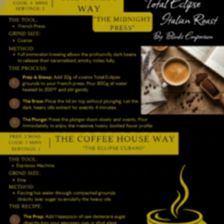 Total Eclipse Italian Roast digital barista guide and coffee recipe card - blinks emporium