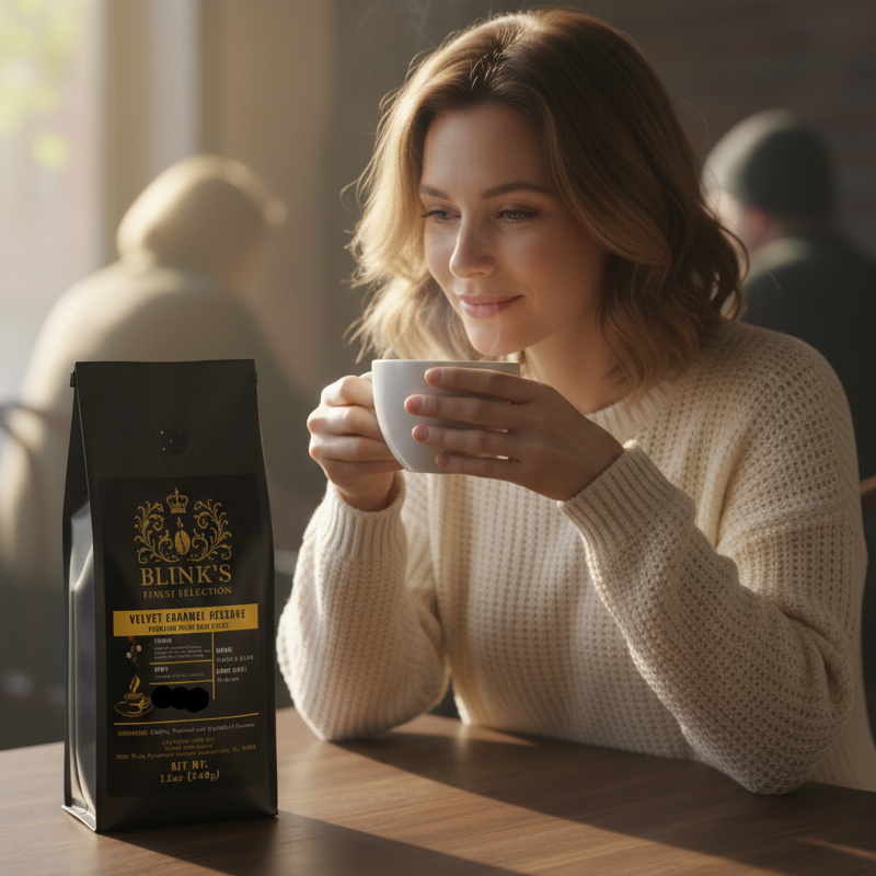 A woman enjoying a steaming cup of Velvet Caramel Reserve coffee at a morning bistro 1 - blinks emporium