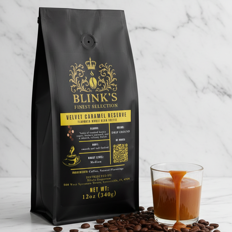 A Blinks Finest Selection Velvet Caramel Reserve coffee bag on a luxury kitchen countertop 1 - blinks emporium