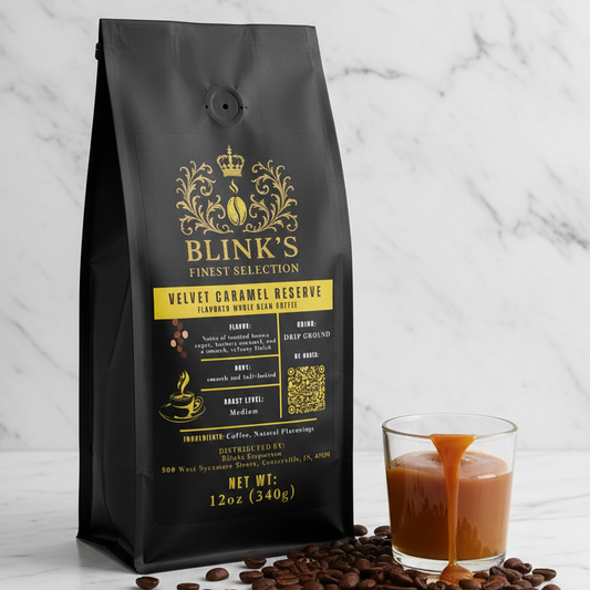 A Blinks Finest Selection Velvet Caramel Reserve coffee bag on a luxury kitchen countertop 1 - blinks emporium
