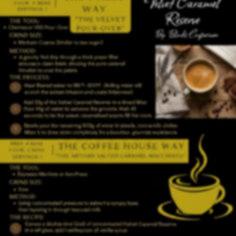 Velvet Caramel Reserve digital barista guide and coffee recipe card - blinks emporium