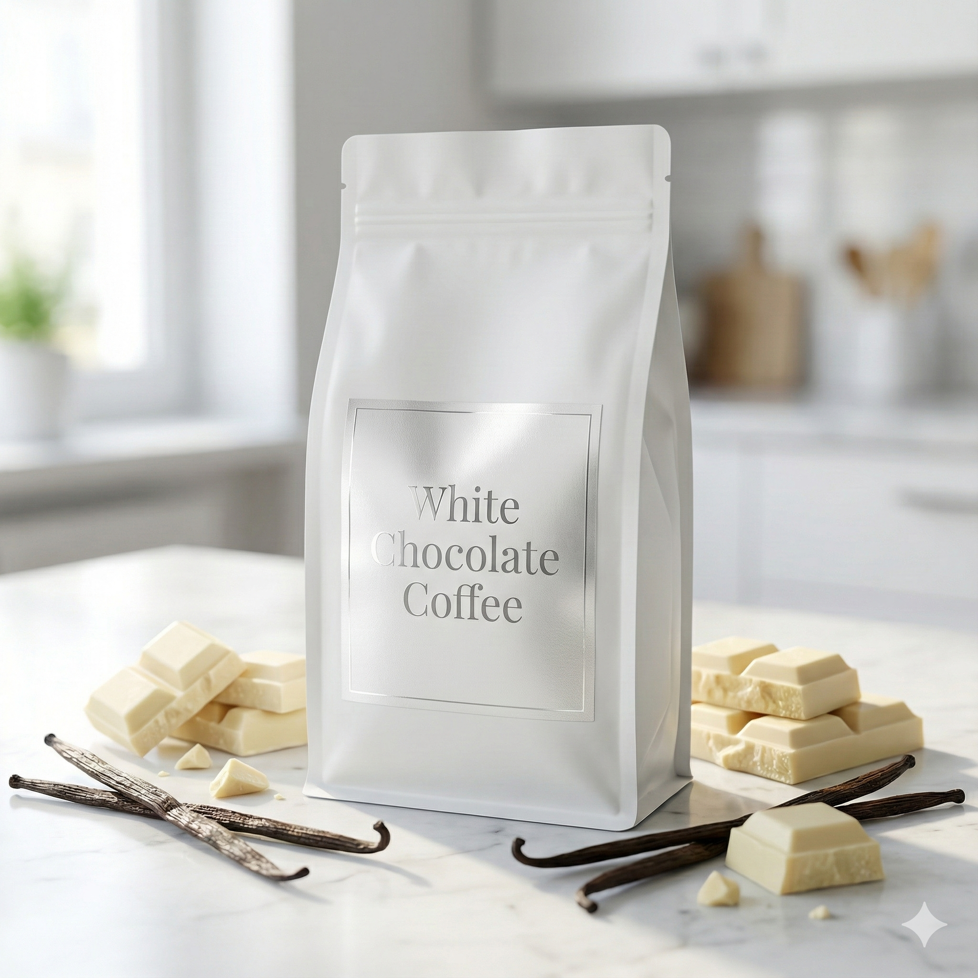 White chocolate coffee package with white chocolate pieces and vanilla beans on a marble surface - blinks emporium