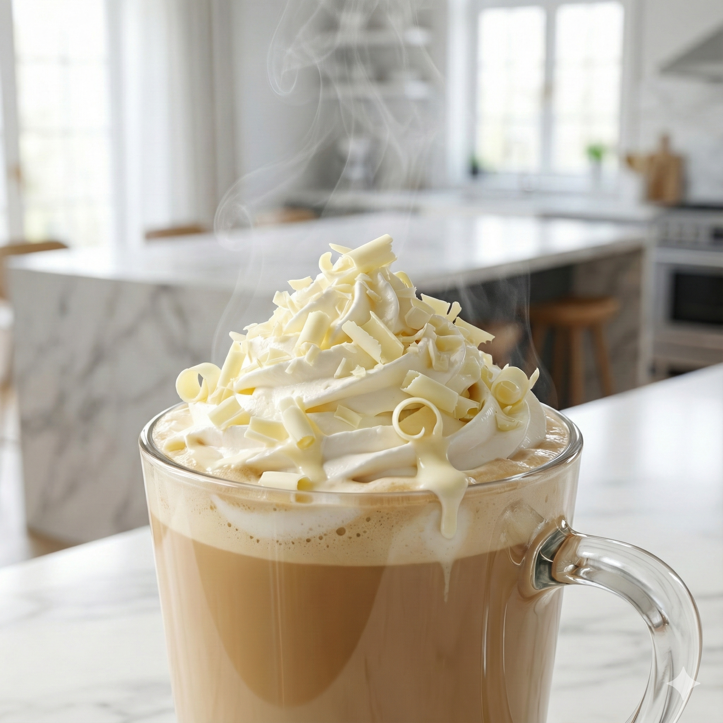 Steaming cup of coffee with whipped cream and chocolate shavings in a kitchen setting - blinks emporium