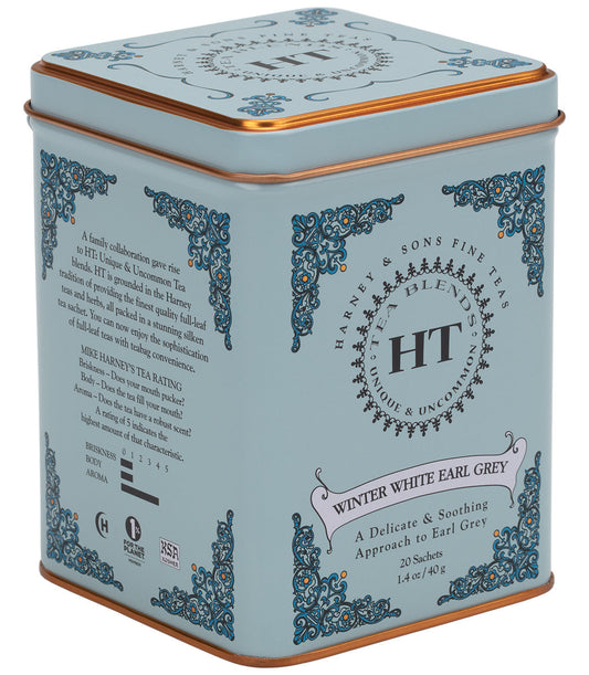 Harney & Sons Winter White Earl Grey tea tin with ornate blue and gold design, 20 sachets