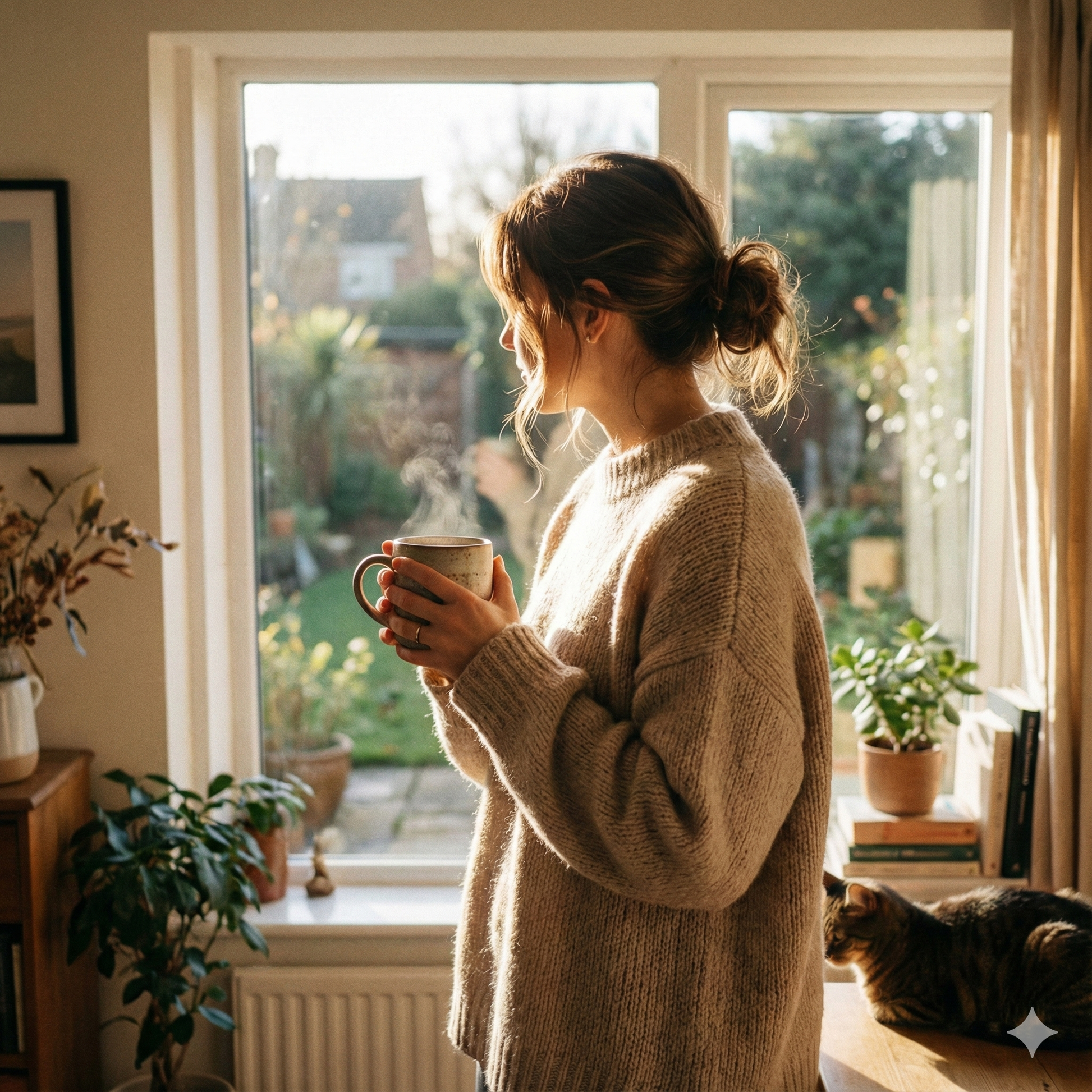 Woman in a cozy sweater holding a steaming mug by a window with a cat on a windowsill - blinks emporium