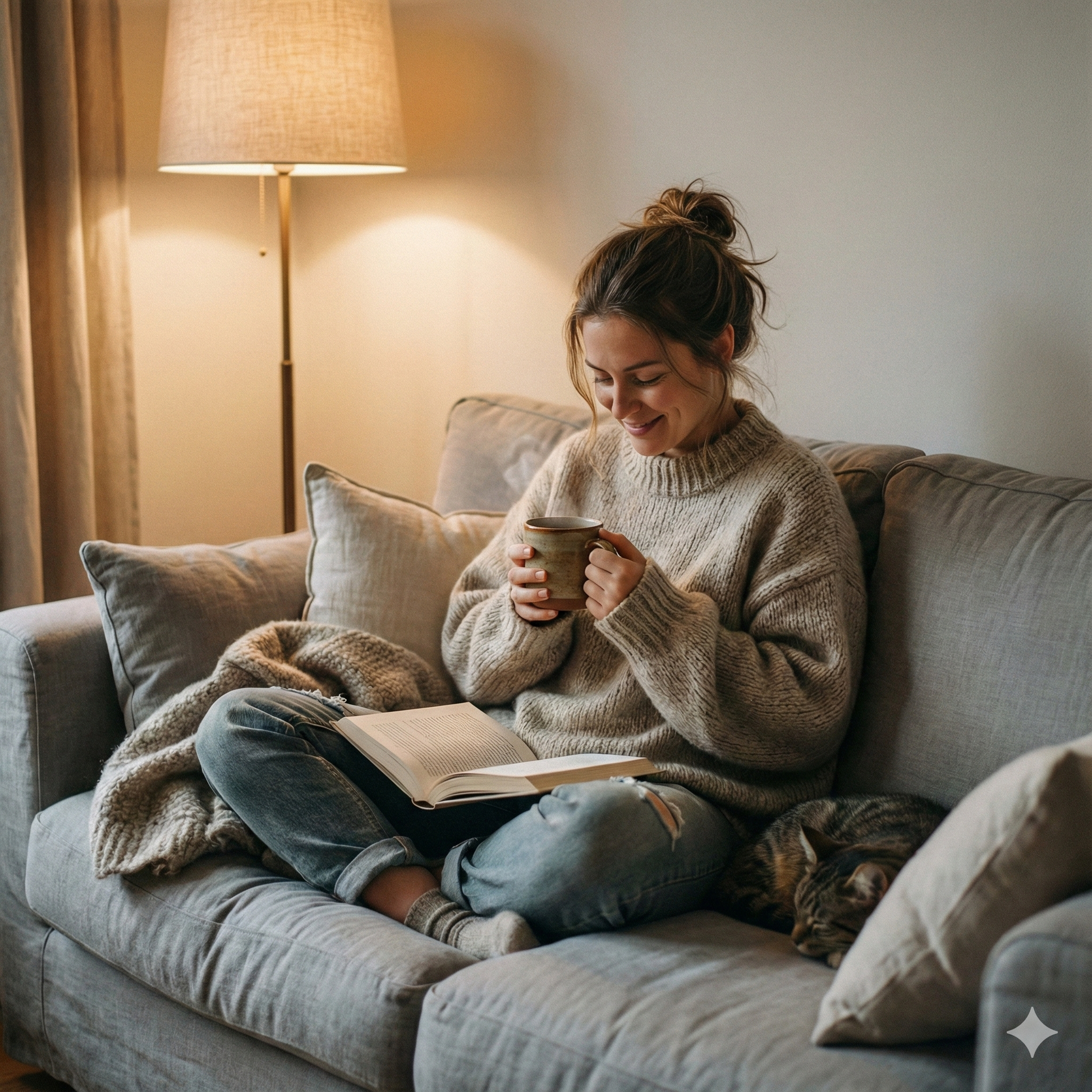 A woman relaxing on a sofa holding a warm mug of chocolate hazelnut coffee - blinks emporium