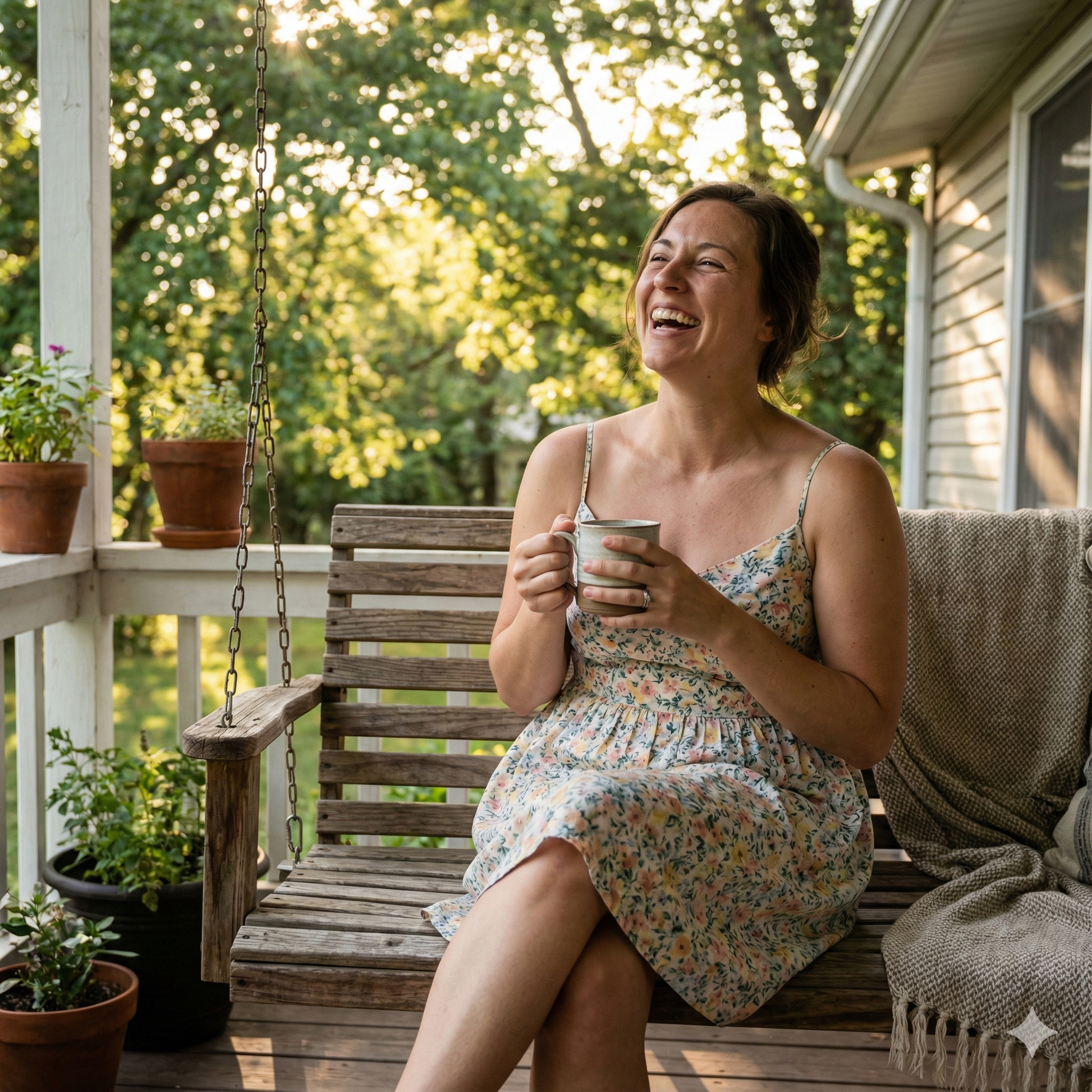 Woman sitting on a wooden swing on a porch, holding a cup and laughing - blinks emporium