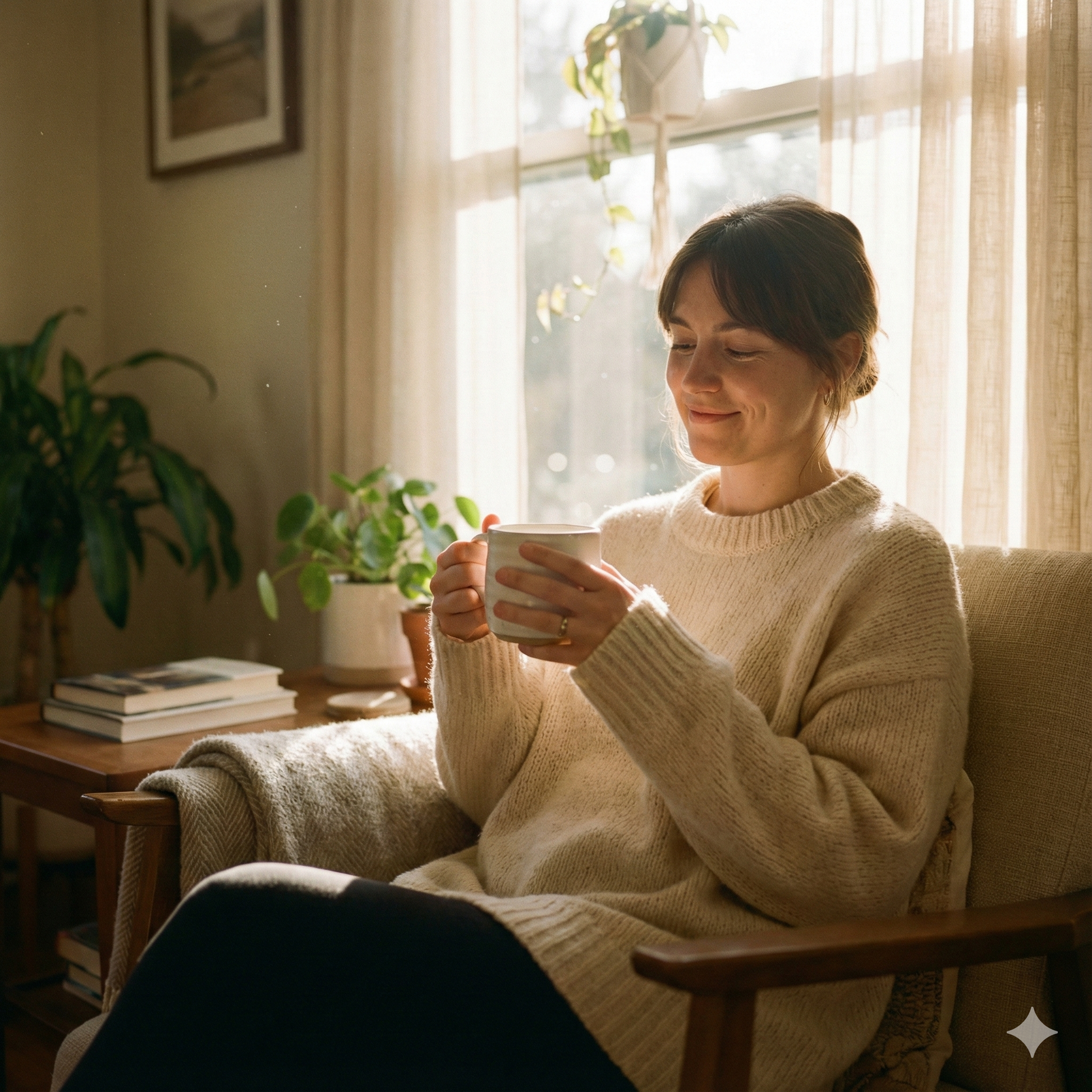 Woman in a cozy living room holding a cup of coffee, surrounded by plants and books - blinks emporium